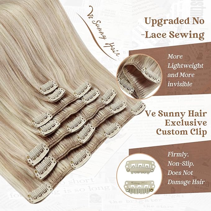 Ve Sunny Clip in Hair Extensions Real Human Hair Blonde Highlight Warm Color Remy Hair Clip on Hair Extensions for Women Short 5pcs 80g 12 inch