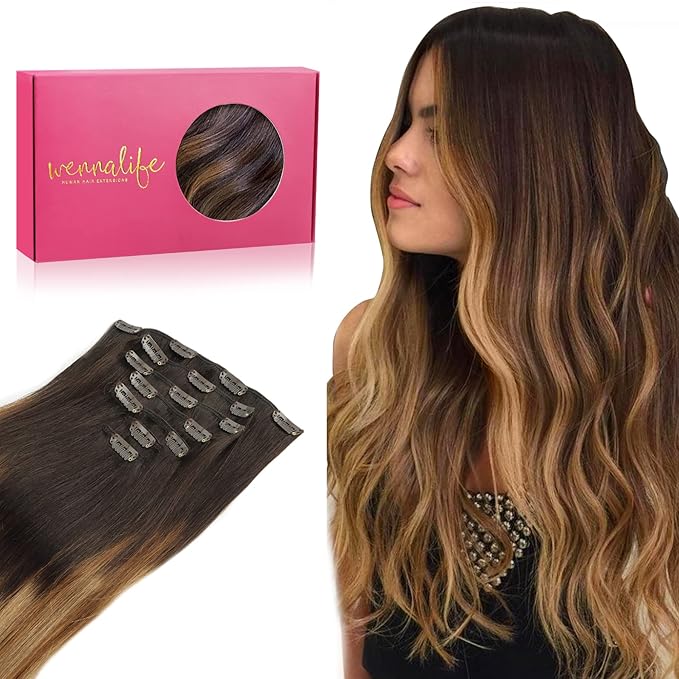 WENNALIFE Clip in Hair Extensions Real Human Hair, 20 Inch 120g 7pcs Dark Brown to Chestnut Brown and Dirty Blonde Highlighted Clip In Human Hair Remy Clip in Hair Extensions Double Weft