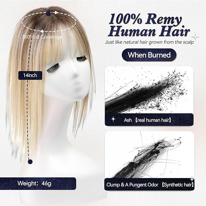 starluck Hair Toppers for Women Real Human Hair With Bangs, 100% Remy HumanHair Toppers for Women Hand-woven with Thinning,Cover Gray Roots,Adds Volume,Ombre Blonde