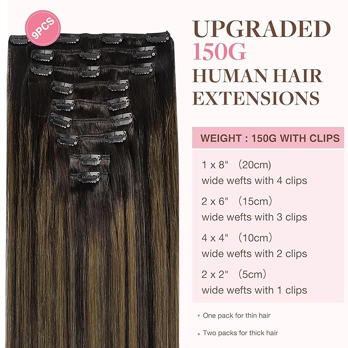 GOO GOO Clip in Hair Extensions Real Human Hair, Remy Human Hair Extensions Clip ins for Women, Natural Human Hair, 24inch 150g 9Pcs, #2/6/2 Balayage Dark Brown to Chestnut Brown