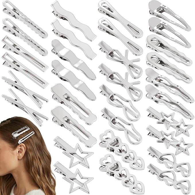 32pcs Star Heart Metal Hair Clips, 16 Styles Silver Hair Clip Alligator Barrettes, Bow Wavy Non-Slip 2000s Hair Accessories for Women Daily, Party