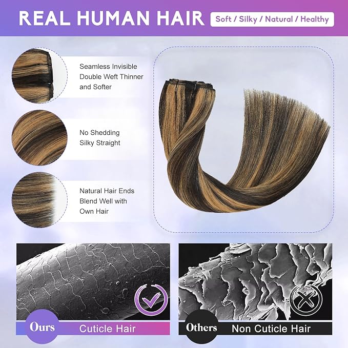 Clip in Hair Extensions Real Human Hair, 26 Inch 130g, 2/6 Dark Brown to Chestnut Brown, Invisible Seamless Remy Human Hair Clip in Extensions for Women 8pcs Per Set with Double Weft