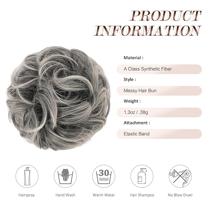 FESHFEN Messy Bun Hair Piece - Elastic Wavy Curly Hair Bun Scrunchies Extensions Synthetic Chignon Hairpieces for Women Girls, Black Gray and White Tips 1.5 oz