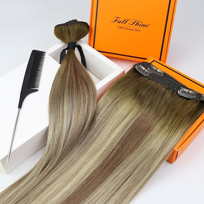 Full Shine Clip in Hair Extensions Balayage Seamless Human Hair Clip in Dark Brown to Ash Brown Mix Medium Blonde Real Hair Extension Lace Weft 16 Inch 3 PCS 60 G