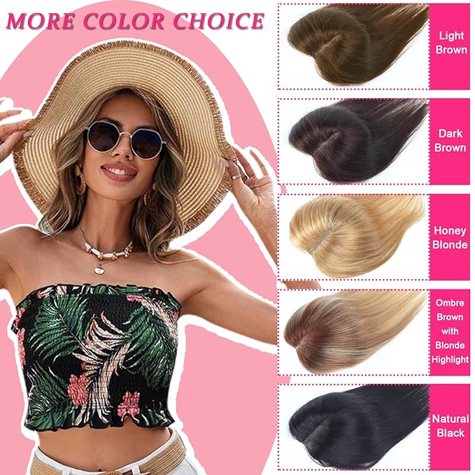 Hair Toppers for Women Real Human Hair Topper Upgrade Swiss Lace Middle Part Clip in Bangs Remy Human Hair Straight Hairpieces for Thinning Realistic Scalp 360° Cover Gray Hairy Roots Honey Brown