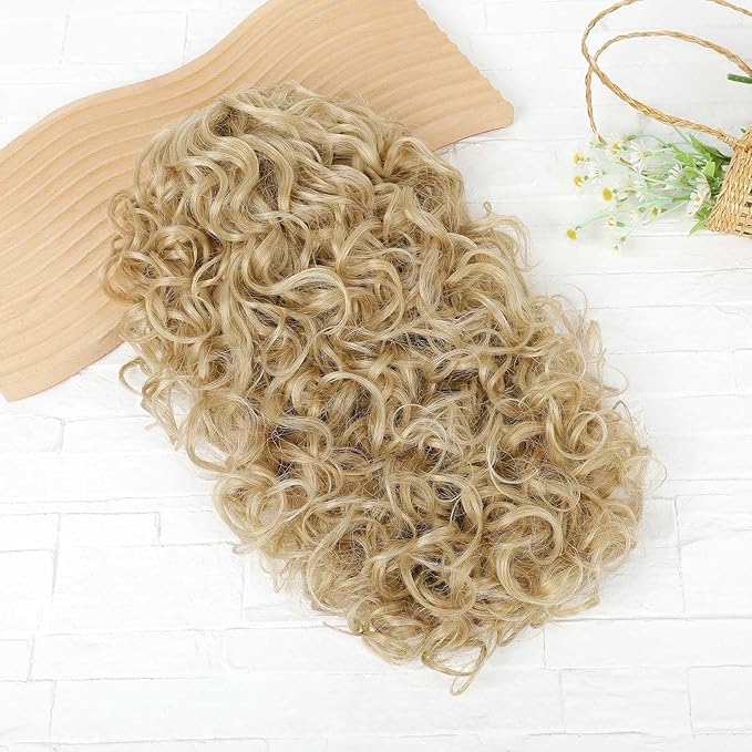 Flufymooz 100％ Pure Protein Ponytail Extension, 18 Inch Curly Claw Clip Ponytail Hair Extensions Natural Soft pony tail hairpiece for women-Deep Blonde with Ash Blonde Highlights