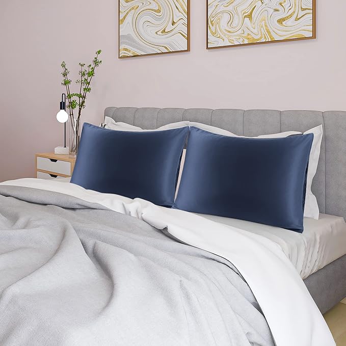 uxcell 2 Pack Silk Satin Pillowcase for Hair and Skin, Cool, Silky, Soft Breathable Pillow Cases King Size 20x36 Inch Sateen Pillowcase Navy with Envelope Closure