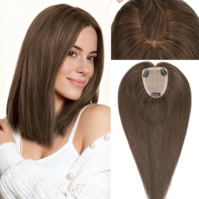 Rich Choices Human Hair Toppers for Women-100% Real Remy Hair Topper No Bang-Upgraded 150% Density 9 * 12CM Lace Base-Clip in Hairs Topper for Thinning Hairs-10Inch #2 Dark Brown