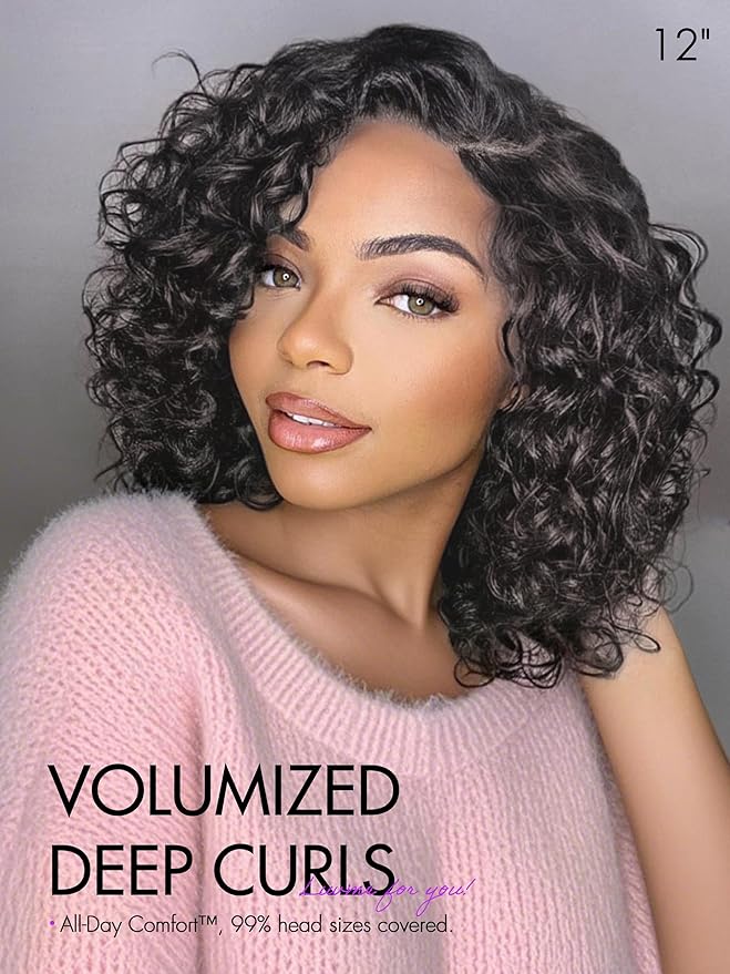 LUVME HAIR 100% Human Hair Wigs Curly Deep Wave Glueless Lace Front 12 Inches, Pre Cut Plucked Hd Lace Short Wig Ready To Go Natural Color Straight Bleached Knots Side Part Black Wigs