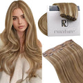 RUNATURE Human Hair Clip in Extensions, 10 Inch Short Clip in Hair Extensions Real Human Hair, Remy Natural Hair for Women, Easy to Apply, 50g 3pcs #10P16 Dark Blonde Highlight Caramel Blonde
