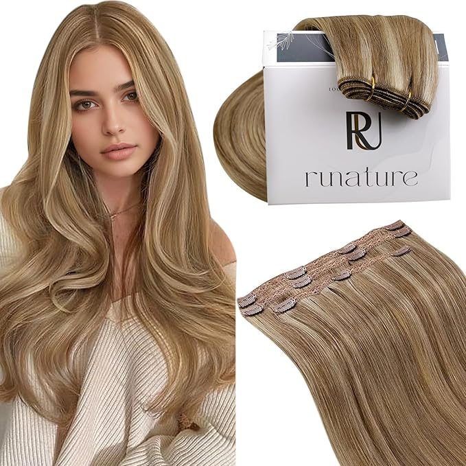 RUNATURE Human Hair Clip in Extensions, 10 Inch Short Clip in Hair Extensions Real Human Hair, Remy Natural Hair for Women, Easy to Apply, 50g 3pcs #10P16 Dark Blonde Highlight Caramel Blonde