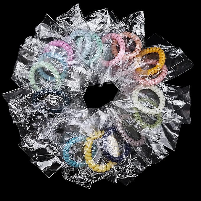 72Pcs(4 Pack of 18) Colorful Spiral Hair Ties for Women,Individually Wrapped Coil Hair Tie,Phone Cord Hair Tie for Thin Hair Elastics No Damage,Ponytail Holder for Thick Hair,No Crease Hair Tie
