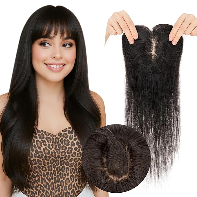 Real Human Hair Toppers for Women 3.54"*4.72" Silky Base 150% Density With Bangs Adjustable Parting Clip-In Topper Hairpieces for Women with Thinning Hair 16 Inches Natural Black