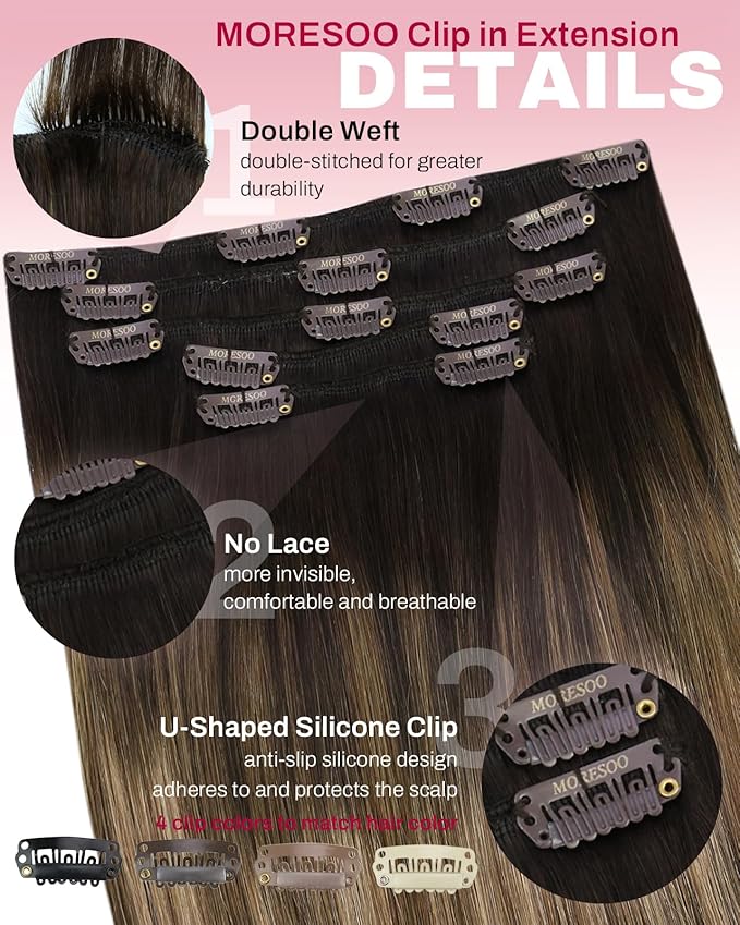 Moresoo Clip in Hair Extensions Dark Brown with Blonde Balayage Real Human Hair Clip in Extensions Dark to Golden Brown with Ash Blonde Long And Straight for Women Double Weft 80g/5pcs 20 inch