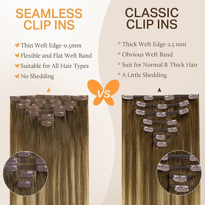 DOORES Seamless Clip in Real Human Hair Extensions, Medium Brown Highlighted Dirty Blonde, 20 Inch 7pcs 110g, Invisible Edge Remy Hair Extensions Straight