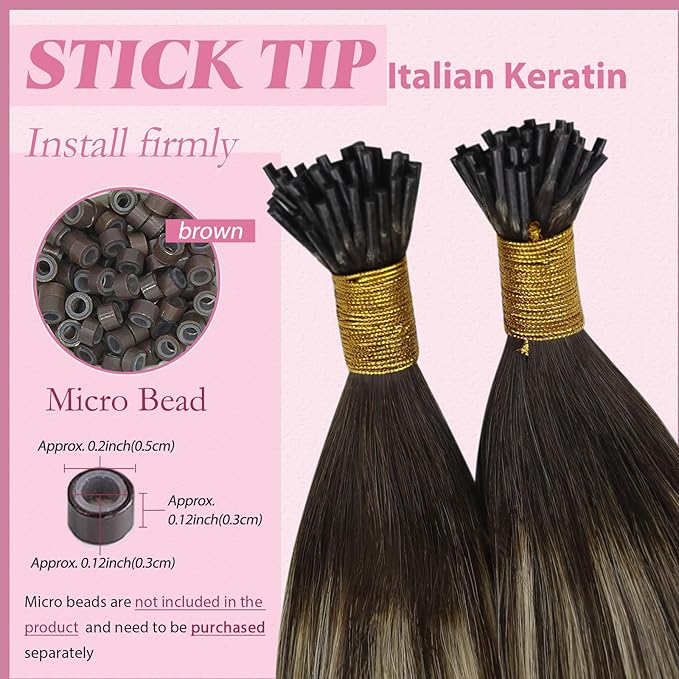 YoungSee I Tip Hair Extensions Human Hair Balayage I Tips Hair Extensions Real Human Hair Balayage I-Tip Hair Extension Ombre Dark Brown with Ash Blonde Itip Human Hair Extension 18 Inch 60s 50g
