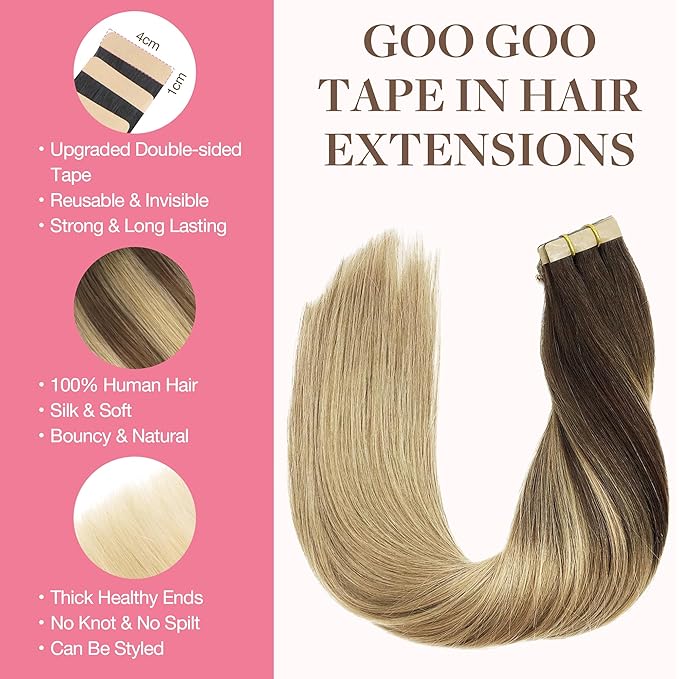 GOO GOO Tape in Hair Extensions Human Hair, 4/18 Balayage Chocolate Brown Highlighted Dirty Blonde, 22inch 50g 20pcs, Skin Weft Seamless Invisible, Silky Straight with Thick Ends, Remy Human Hair