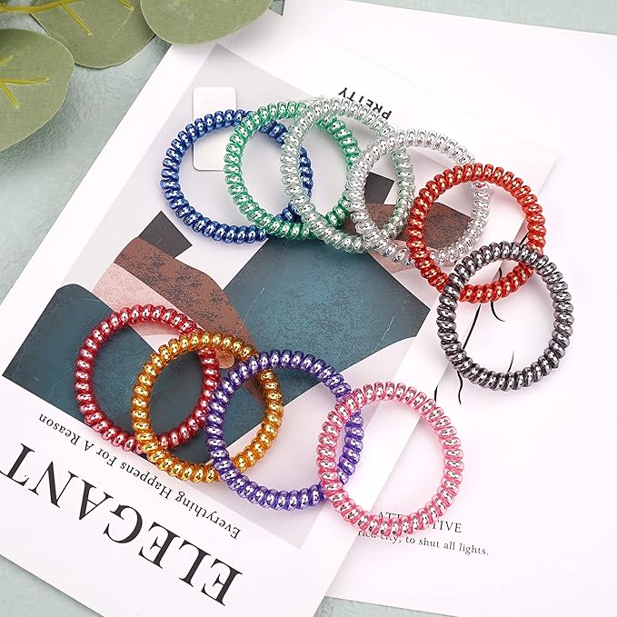 DeD 26 Pcs Spiral Hair Ties,No Crease Ponytail Holders,3 Styles Coil Hair Ties,Slim Laser Colors Spiral Bracelets,Phone Cord Fluorescent Elastic Hair Coils Hair Accessories for Women Girls