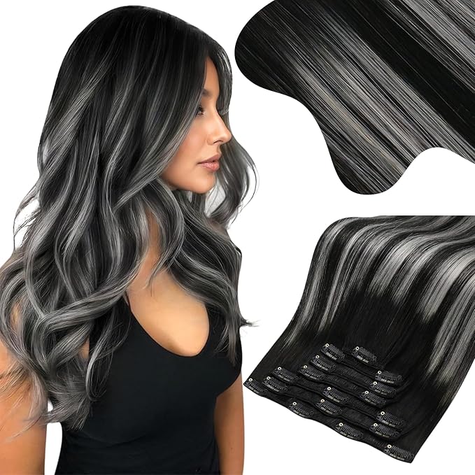 Moresoo Clip in Hair Extensions Remy Double Weft Human Hair Clip in Extensions Straight Balayage Hair Extensions for Women Ombre Black Mixed with Silver Grey 7pcs 135g 16inch