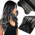 Moresoo Clip in Hair Extensions Remy Double Weft Human Hair Clip in Extensions Straight Balayage Hair Extensions for Women Ombre Black Mixed with Silver Grey 7pcs 135g 16inch