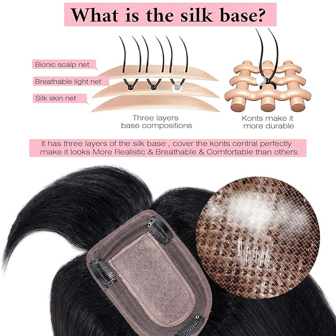 SEGO 100% Real Human Hair Toppers, with Air Bangs, Silk Base 150% Density, Clip in Topper, 2.7肺5.1・ HairPieces for Women, with Thinning/Hair Loss Cover Gray