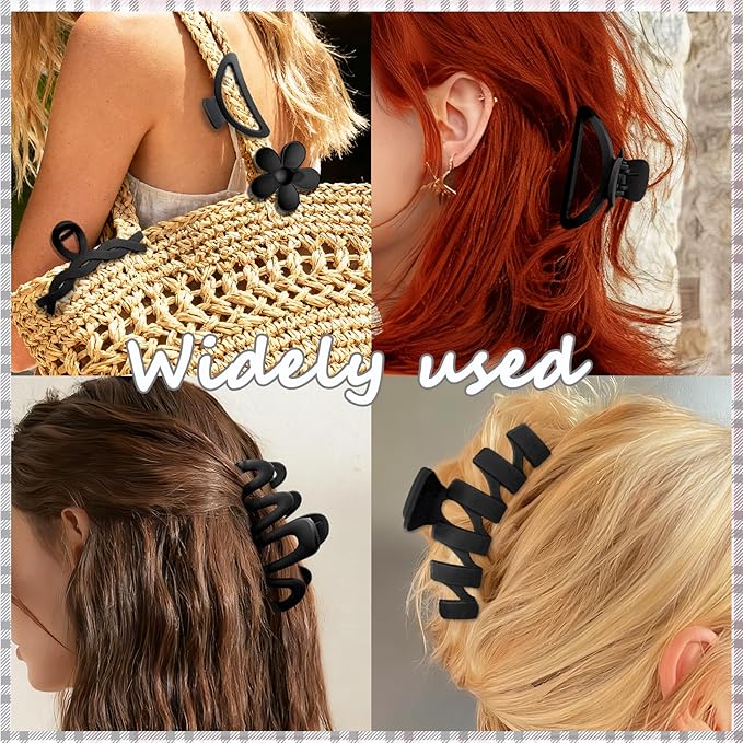 12 Pcs Claw Clips, Multi-Shapes Hair Clips for Women Girls, Non-Slip Large Jaw Claw Clips for Thick Thin Curly Hair Accessories (Black)
