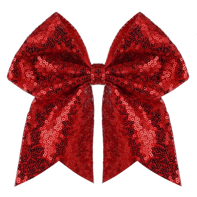 Large Glitter Cheer Bows Clips, Jumbo Big 7 Inch Cheerleading Sequin Hair Bow Hair Accessories for Teens Girls Football Sports Cheerleader Outfit Uniform (Red)
