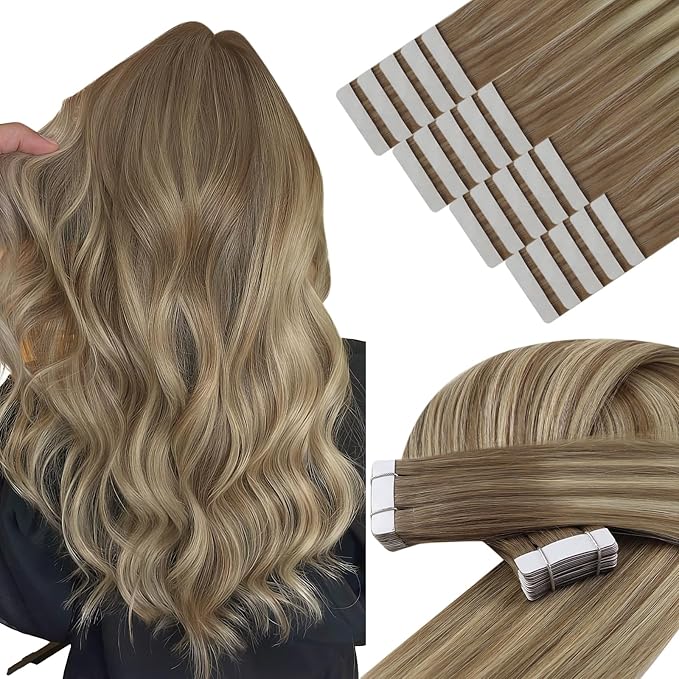 YoungSee Tape in Hair Extensions Human Hair Brown Tape in Hair Extensions Balayage Tapes ins Human Hair Extension Light Brown Ombre Platinum Blonde Hair Extension Tape-in 18 Inch 20pcs 50g