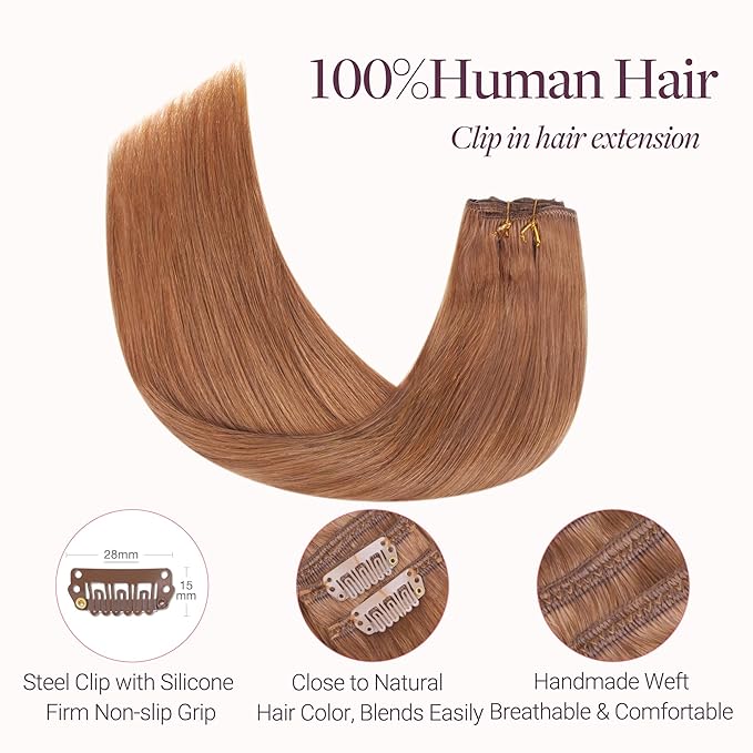 GOO GOO Clip in Hair Extensions Real Human Hair, Remy Human Hair Extensions Clip ins for Women, Natural Human Hair, 16inch 120g 7 Pcs, #330 Cinnamon Terra Copper