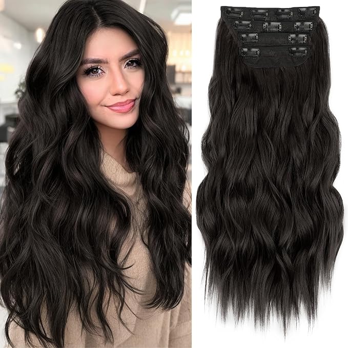 KooKaStyle Clip in Long Wavy Synthetic Hair Extension 20 Inch 4PCS Dark Brown Hairpieces Fiber Thick Double Weft Hair Extension for Women