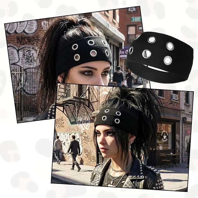 Grommet Headband for Women, Hollow Eyelet Elastic Headband Punk Grunge Y2K Headbands Gothic Rock Y2K Hair Accessories Stretchy Hair band for Women (Black, Adjustable)