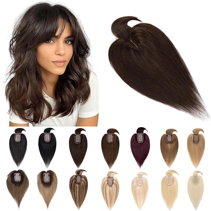 SEGO Hair Toppers for Women Real Human Hair With Bangs, 7 * 13CM Silk Base 100% Remy Human Hair Clip in Top Wiglet Hairpieces Add Volume -14 Inch Dark Brown