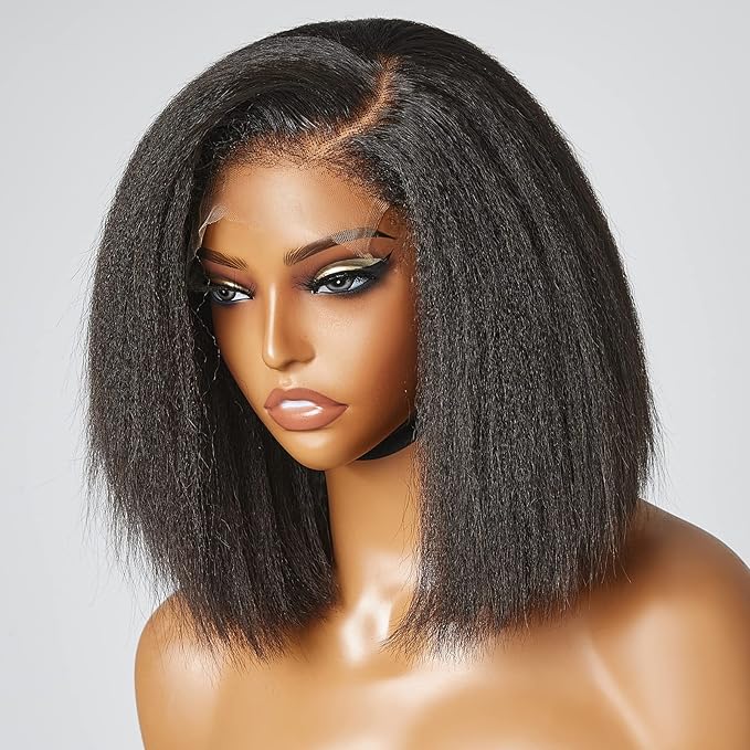LUVME HAIR 4C Kinky Edges Lace Front Bob Wig 10 Inch Short Kinky Straight Human Hair Wig Glueless Deep Side Parted Lace Bob Wig with Natural Hairline For Women