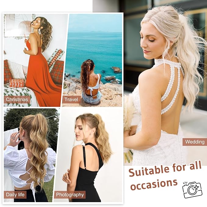 FLUFYMOOZ Ponytail Extension, 18 Inch Claw Clip Ponytail Extension, Wavy Curly Claw Clip in Ponytail Hair Extensions, Fake Ponytail Synthetic Hairpiece(Medium Brown with Medium Auburn)