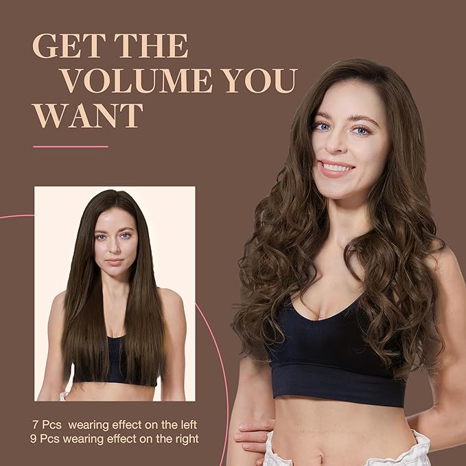 GOO GOO Clip in Hair Extensions Real Human Hair, Remy Human Hair Extensions Clip ins for Women, Natural Human Hair, 16inch 150g 9Pcs, 4A Chocolate Brown