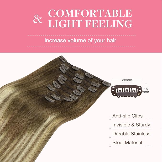GOO GOO Clip in Hair Extensions Real Human Hair, Remy Human Hair Extensions Clip ins for Women, Natural Human Hair, 24inch 150g 9Pcs, #3/8/613 Balayage Walnut Brown to Ash Brown and Bleach Blonde