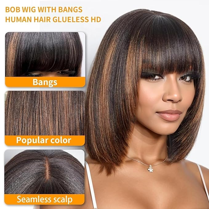 Bob Wig Human Hair with Bangs Glueless 2.5x1 HD Lace Colsure Wigs Human, Bob Wig with Brown Highlights, Wear to Go Short Wigs For Women Beginner Friendly 12 Inch