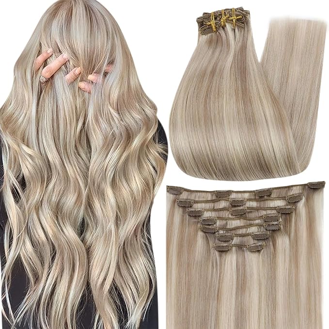 Full Shine Clip in Highlight Human Hair Ash Blonde Real Hair Clip in Extensions Blonde Remy Brazilian Seamless Hair Extensions Double Weft 7 Pcs 24 Inch 120 G