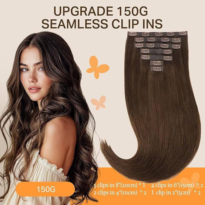 DOORES Seamless Clip in Hair Extensions, Chocolate Brown 150g 7pcs 22 Inch Real Human Hair Straight Remy Thick Invisi Edge Weft