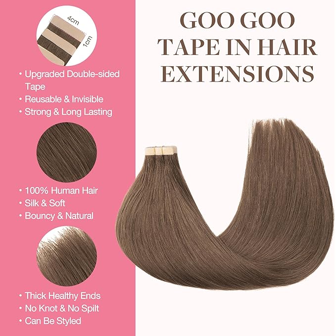 GOO GOO Tape in Hair Extensions Human Hair, 5 Light Ash Brown, 20inch 50g 20pcs, Skin Weft Seamless Invisible, Silky Straight with Thick Ends, Remy Human Hair