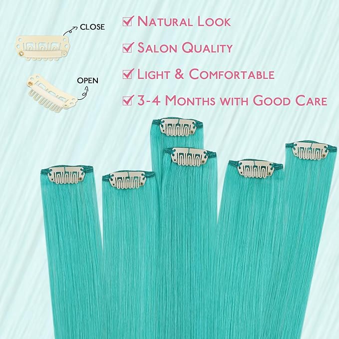 WENNALIFE Teal Green Clip in Hair Extensions Real Human Hair 35g 6pcs 22 Inch Colored Hair Extensions for Kids Women Colorful Hair Pieces Pop-up Style Straight Extensiones De Cabello Humano Con Clip