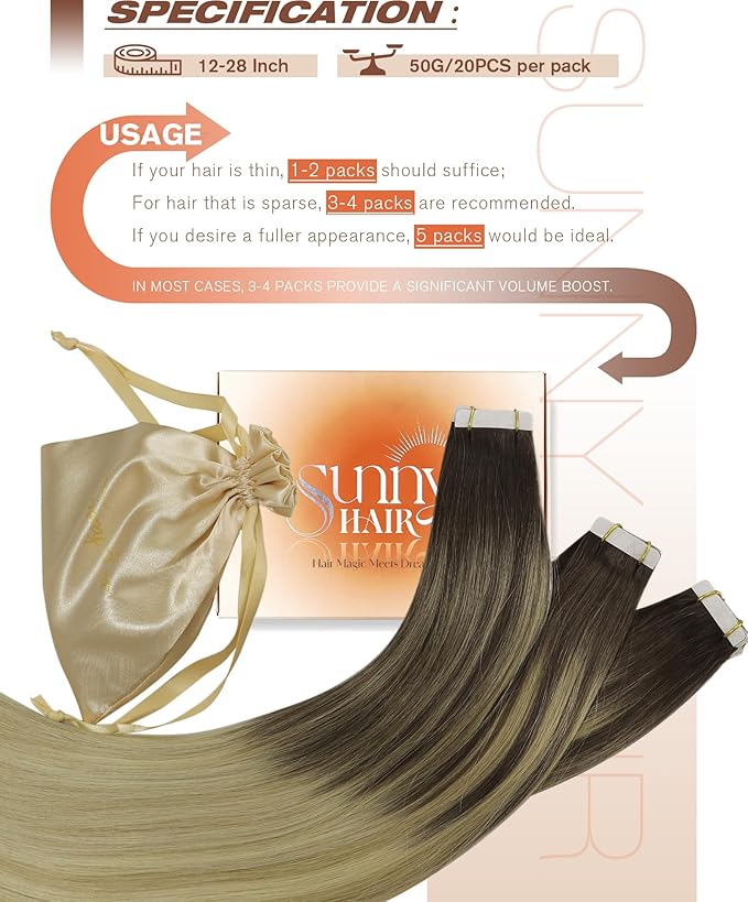 Sunny Hair Tape in Hair Extensions Human Hair Brown Balayage Blonde Tape in Extensions 16 Inch Real Hair Extensions Tape in 20Pcs 50g