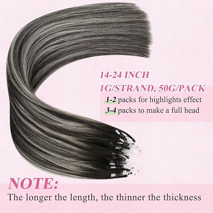 YoungSee Micro Link Hair Extensions Human Hair Ombre Micro Loop Hair Extensions Real Human Hair Silver with Black Balayage Beaded Hair Extension Pre Bonded Hair for Girls 16Inch 50g 50s