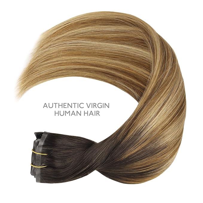 WENNALIFE Seamless Clip In Hair Extensions Human Hair, 12 Inch 80g 7pcs Dark Brown to Chestnut Brown and Dirty Blonde Highlighted Real Hair Extensions Clip in Human Hair Invisible PU Skin Weft Natural