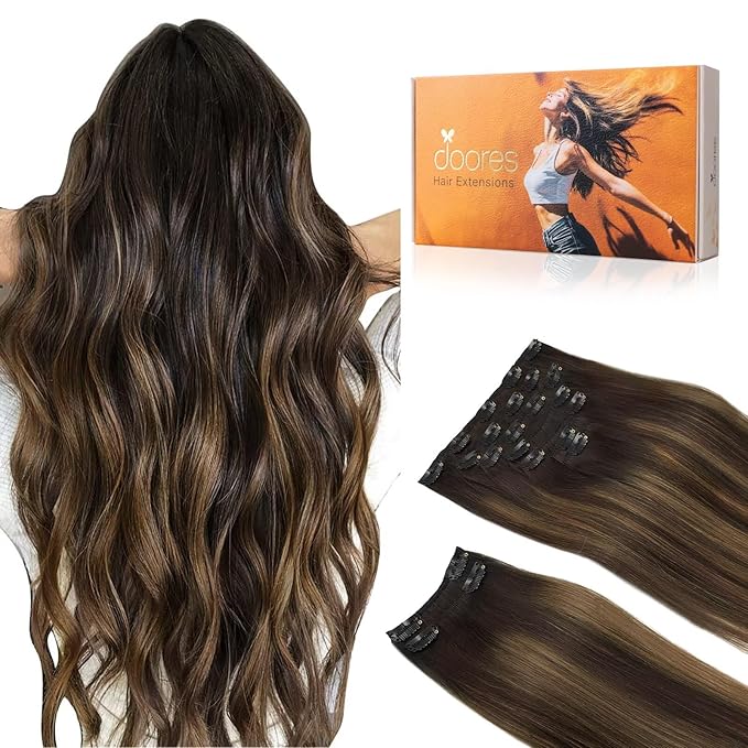 DOORES Human Hair Clip in Extensions, Balayage Dark Brown to Chestnut Brown 14 Inch 9pcs 150g, Hair Extensions Real Human Hair Clip ins Remy Hair Extensions Clip in Human Hair Straight Thick