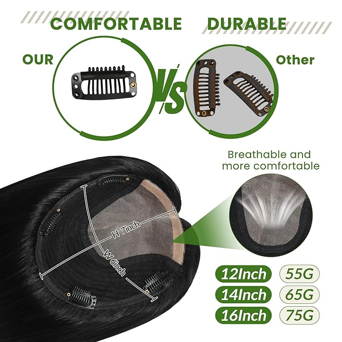 HAIR Toppers for Women Real Human Hair Clip in Silk Base 150 Density 6x7inch 65 grams Jet Black Color 14inch all real huamn hair healthy for Women with Thinning Crown (#1 14inch)