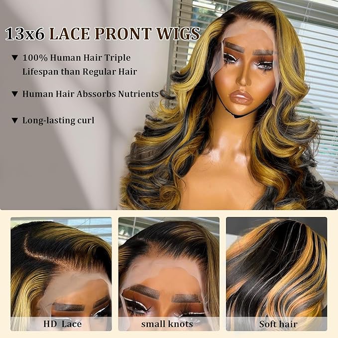 Highlight Lace Front Wig Human Hair 200% Density 13x6 Ombre Body Wave Pre Plucked HD Lace Wig for Women 30 inch 1b/27 Color