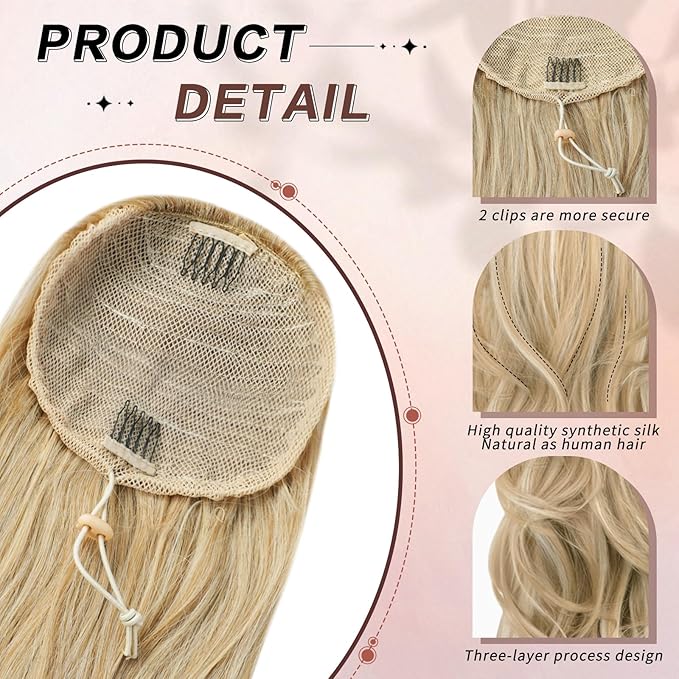 Blonde Ponytail Extension, Drawstring Ponytail Extension for Women 26 Inch Long Wavy Highlights Pony Tails Hair Extensions Synthetic Clip in Ponytail Hairpiece for Women(H24/88)