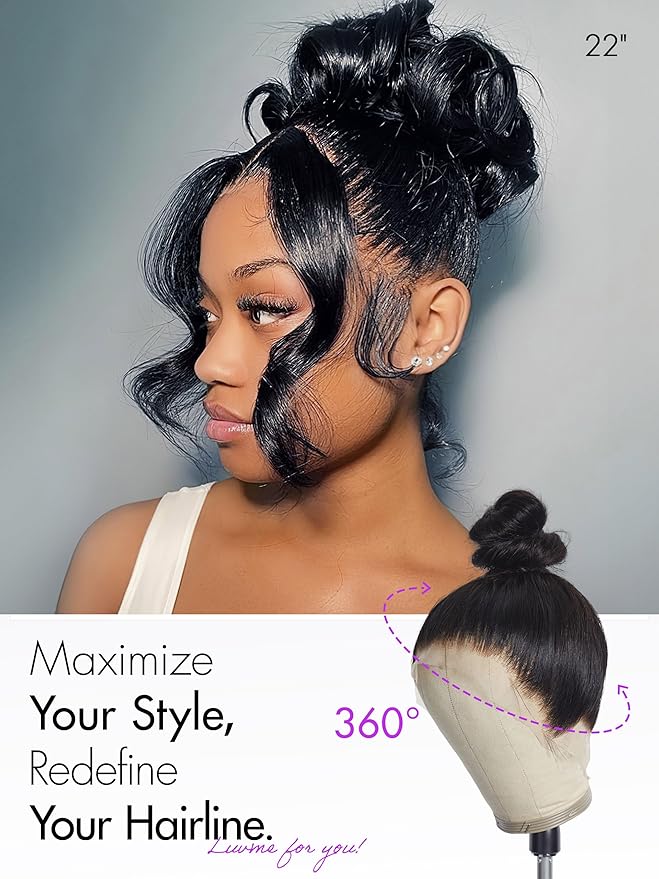 LUVME HAIR 22'' Loose Body Wave 360 Lace Frontal Wigs Human Hair Lace Glueless Human Hair Wig Pre Plucked Long Black Body Wave Wig
