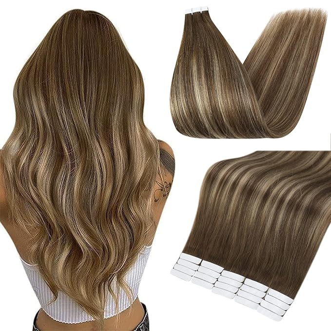 Full Shine Tape in Hair Extensions Human Hair 18 Inch Color 4 Brown Fading to 24 Honey Blonde Highlight 4 Brown Invisible Remy Hair Extensions Tape in 100 Grams Seamless Skin Weft for Women 40PCS